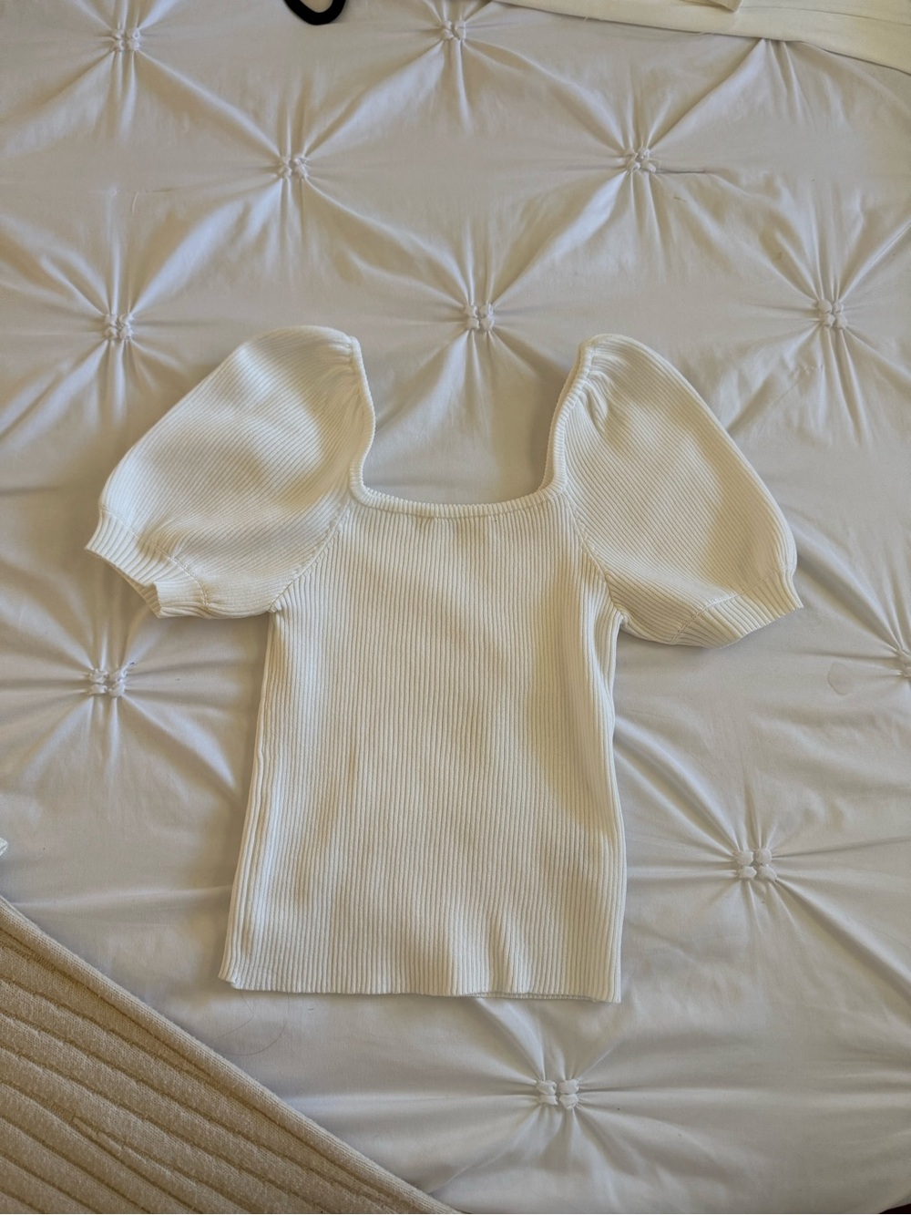 White Ribbed Puff Sleeve Square Neck Top